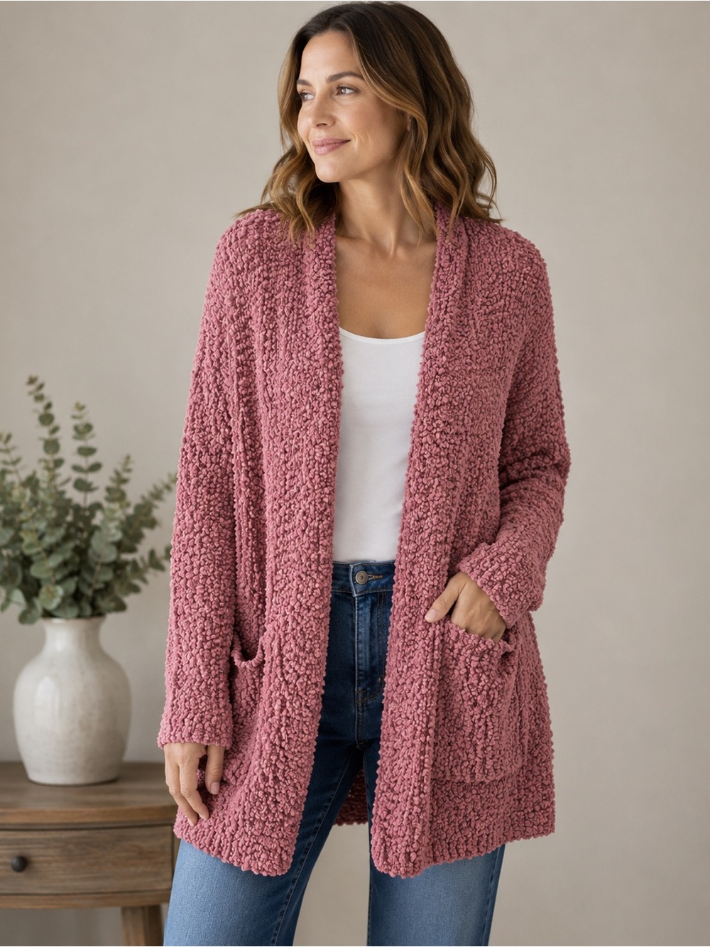 Cupio Woman Mauve Pink Popcorn Knit Open Front Cardigan 1X Pockets